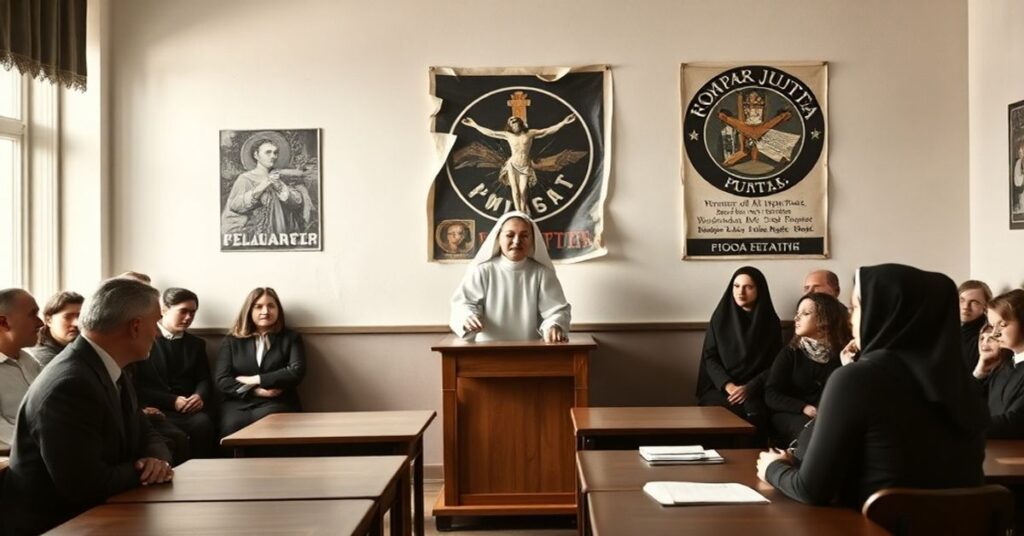 Tradycyjna klasa katolicka w Polsce w 2026 roku. Poważna zakonnica w habicie przeciwstawia się reformie Kompas Jutra.