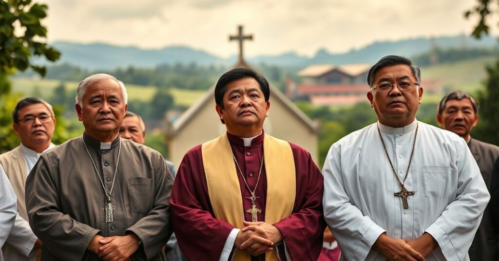 Grupa biskupów na Filipinach modli się przed kościołem w opozycji do planowanej elektrowni jądrowej w Pangasinan.