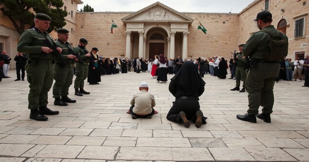 Zdjęcie przedstawiające opustoszałą plac przed Bazyliką Grobu Świętego w Jerozolimie podczas Wielkiej Soboty 11 kwietnia 2026 roku, z wojskiem izraelskim blokującym dostęp do pielgrzymów.