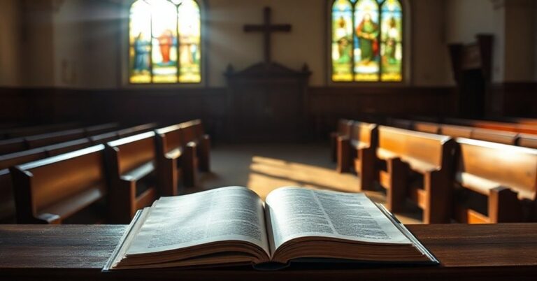 Pusty kościół uniwersytecki z promieniami słońca przez witraże przedstawiające tradycyjne katolickie obrazy. W pierwszym planie leży otwarta księga teologii na ławce drewnianej.