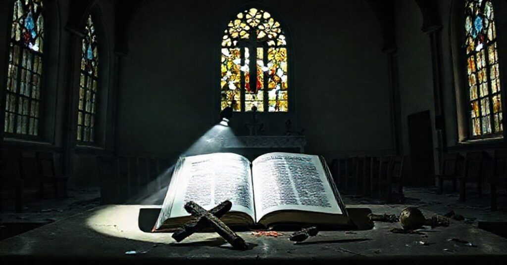 Opuśczona kościółka z rozbitymi witrażami i leżącym się na ołtarzu książkiem modernistycznej interpretacji Ewangelii.