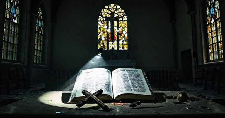 Opuśczona kościółka z rozbitymi witrażami i leżącym się na ołtarzu książkiem modernistycznej interpretacji Ewangelii.