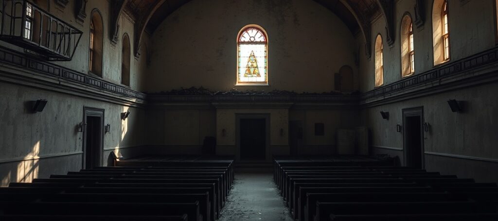 Opuszczona synagoga w Kielcach w złym świetle - symbol duchowej pustki i zapomnianej prawdy o Chrystusie.
