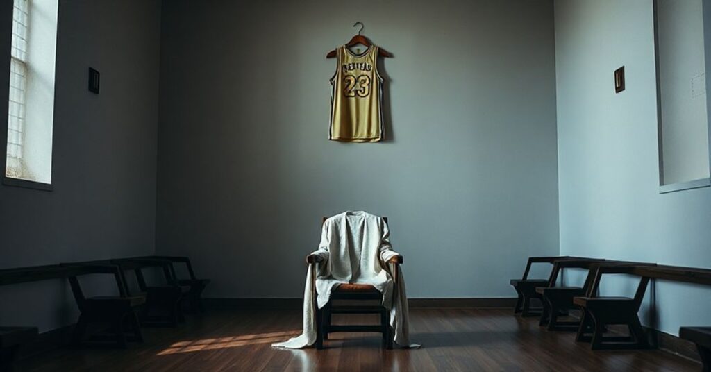 Pusty kościół z zaniedbanym habitem na krześle i koszykarską koszulą na ścianie - symbol upadku prawdziwego powołania zakonnego