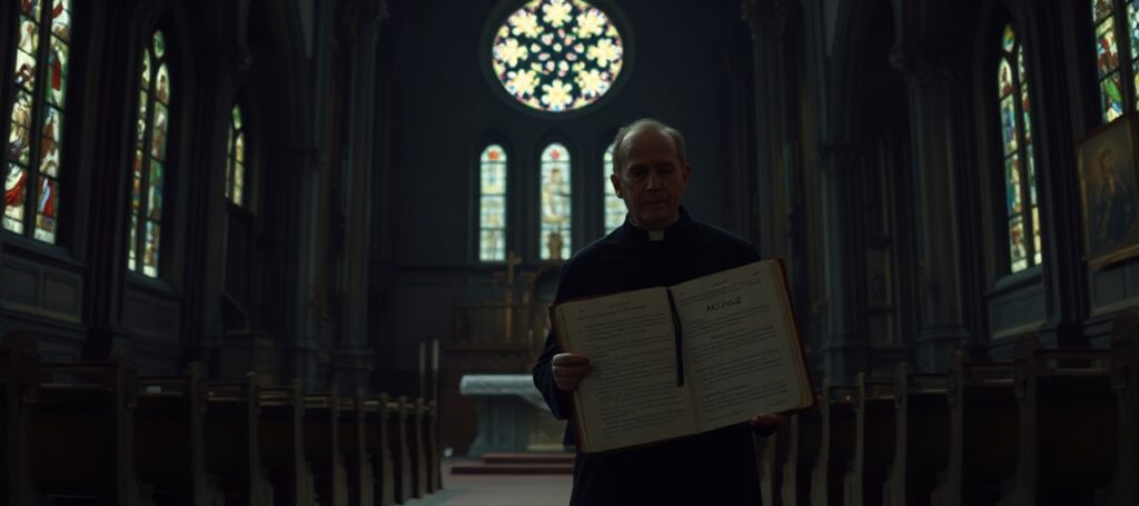 Pusty katolicki kościół z osobą w sutannie i otwartą Biblią
