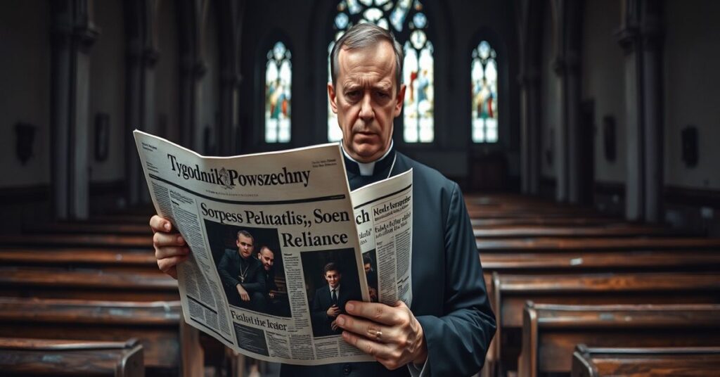 Mężczyzna w tradycyjnym stroju katolickim przed ruinami opuszczonego kościoła, trzymający egzemplarz Tygodnika Powszechnego z artykułem o albumie Soen.