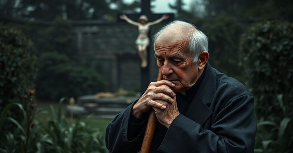 Opuszczony ogrodnik w przytłaczającym ogrodzie, symbolizujący zanik życia duchowego i potrzebę przygotowania się na sąd ostateczny.