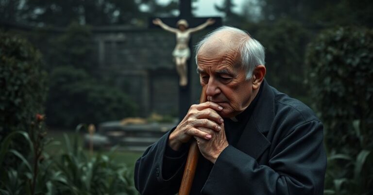 Opuszczony ogrodnik w przytłaczającym ogrodzie, symbolizujący zanik życia duchowego i potrzebę przygotowania się na sąd ostateczny.