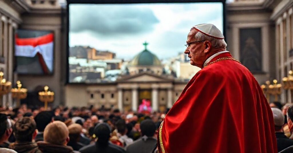 Sobór watykański, uroczyście ubrany biskup przemawia w Stolicy Apostolskiej z bezmyślnych tematów o konfliktach na świecie podczas tradycyjnego orędzia Bożonarodzeniowego