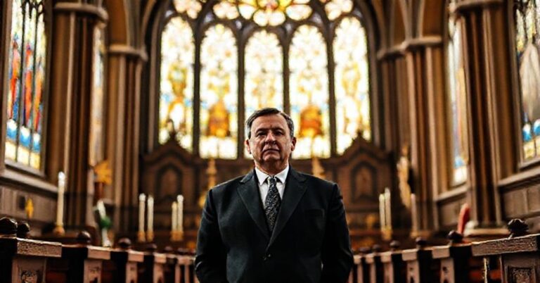 Viktor Orban w tradycyjnym kościele katolickim, symbolizujący obronę suwerenności i wartości chrześcijańskich przeciwko światowym politykom.