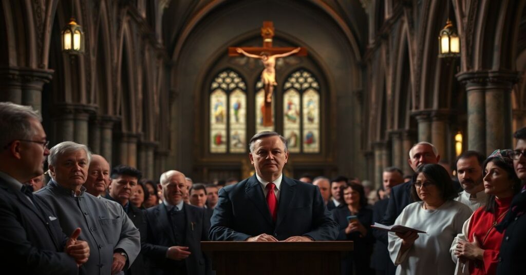 Scena polityczna w węgierskim kościele podczas wyborów z premierem Viktorem Orbánem i przedstawicielami opozycji