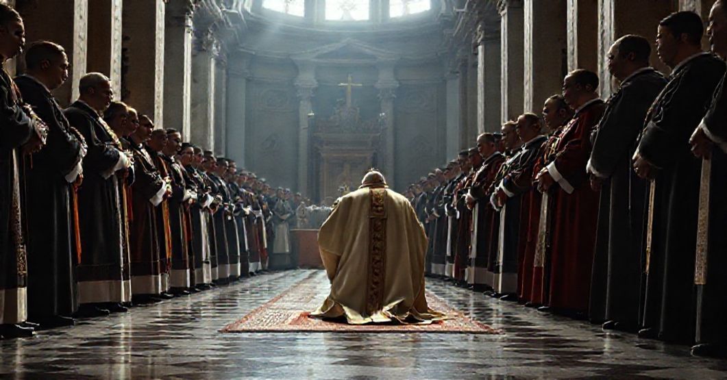 Realistyczne przedstawienie nieważonej ordynacji biskupiej w Bazylice św. Piotra z udziałem fałszywego papieża i kleru nowego porządku.