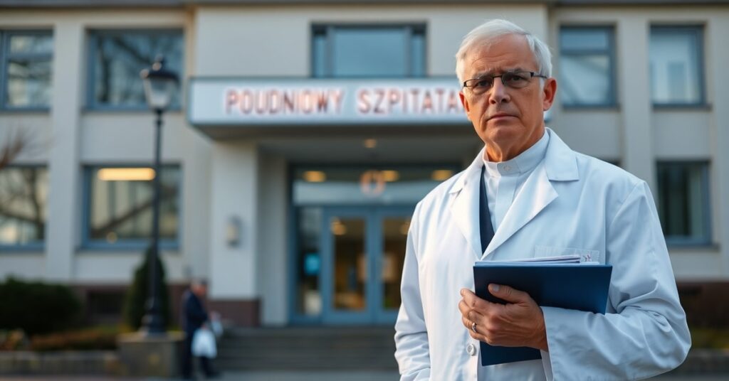 Zdjęcie ordynatora chirurgii z Warszawskiego Szpitala Południowego w chwili refleksji przed szpitalem - konflikt moralny w instytucji publicznej bez odniesienia do prawa naturalnego
