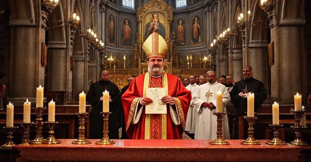 Wnętrze katedry z tradycyjnym ołtarzem katolickim, na którym biskupi prezentują kontrowersyjny dokument z 1965 roku.