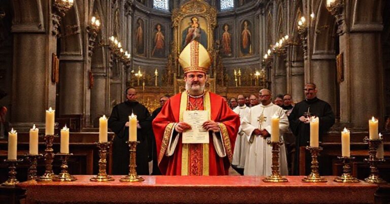 Wnętrze katedry z tradycyjnym ołtarzem katolickim, na którym biskupi prezentują kontrowersyjny dokument z 1965 roku.