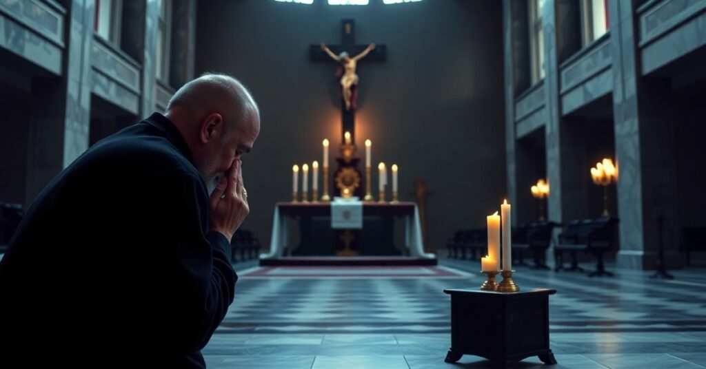 Obraz przedstawiający ubogiego mężczyznę modlącego się przed tradycyjnym ołtarzem katolickim z krzyżem i świecami. Scena podkreśla brak sakramentów i Chrystusa Króla w nowoczesnym nauczaniu.