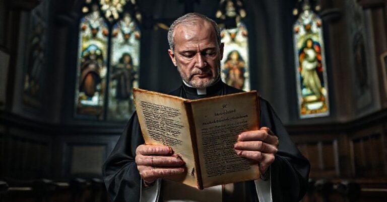 Ksiądz w tradycyjnym stroju kościelnym trzymający orędzie pojednania w ciemnej świątyni