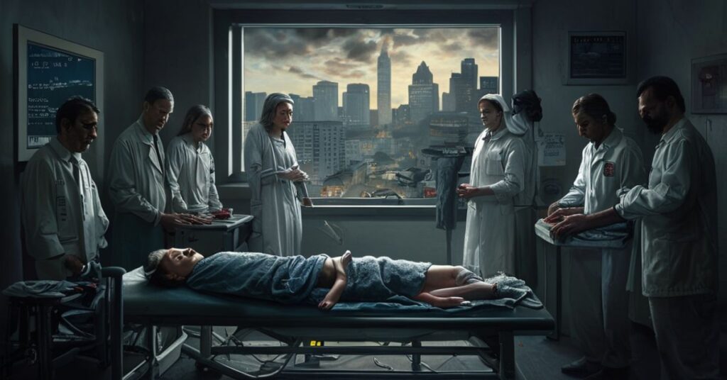 Mroczna scenografia szpitala w Oregonie po nieudanym aborcji; noworodek bez opieki na stole medycznym otoczony obojętnymi lekarzami. W tle postac Cyrusa Javadiego i symboliczny widok miasta.