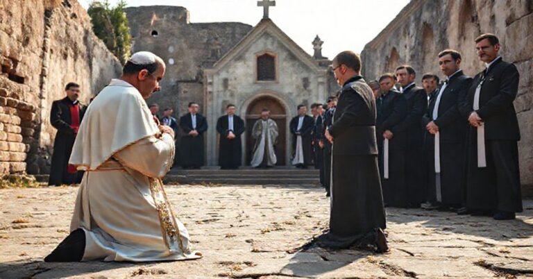 Tradycyjny katolicki kapłan modli się przed starożytnym ormiańskim kościołem podczas konfliktu z rządem premiera Nikoli Pashinyana
