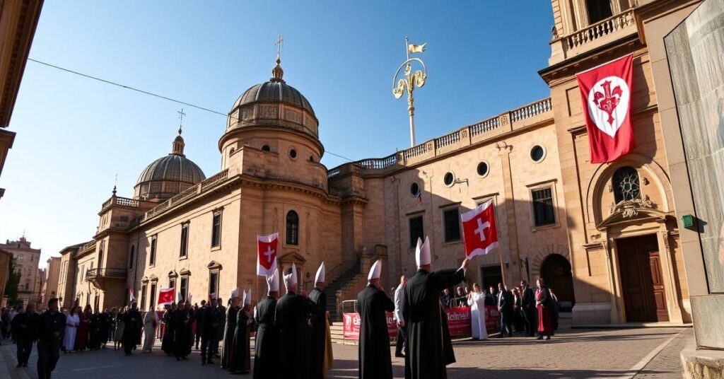 Realistyczny obraz ormiańskiego patriarchi Raphaëla Bedrosa XXI Minassiana w tradycyjnym stroju biskupim podczas ekumenicznego spotkania w Libanie.