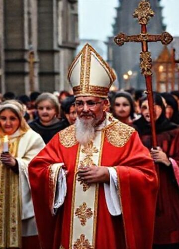 Parafialny orszak Świętego Mikołaja w Lublinie z udziałem "biskupa" Mieczysława Cisło.