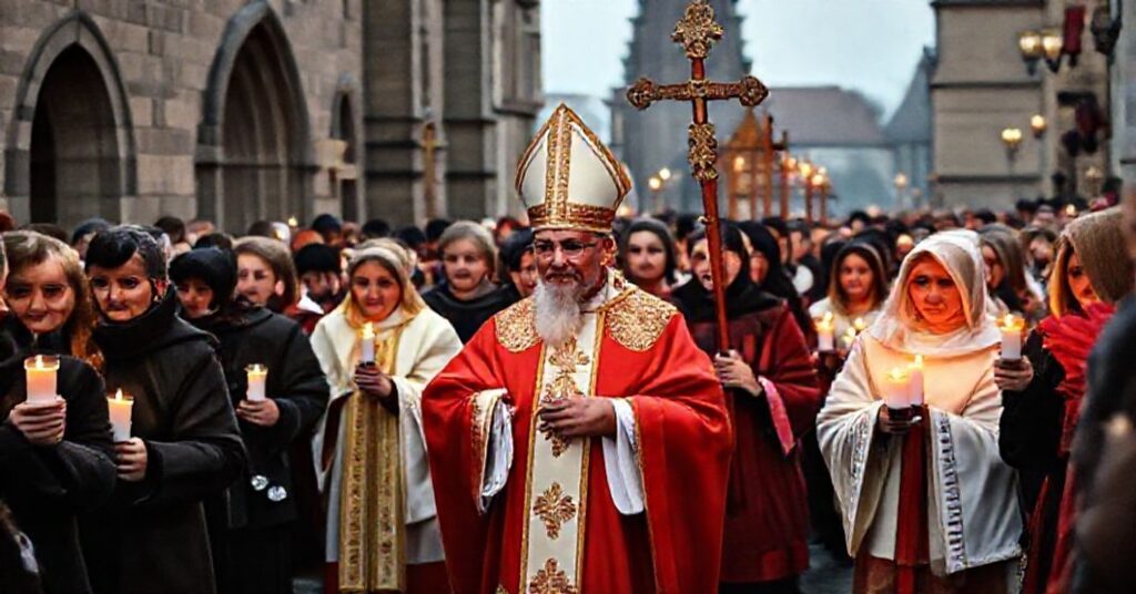 Parafialny orszak Świętego Mikołaja w Lublinie z udziałem "biskupa" Mieczysława Cisło.