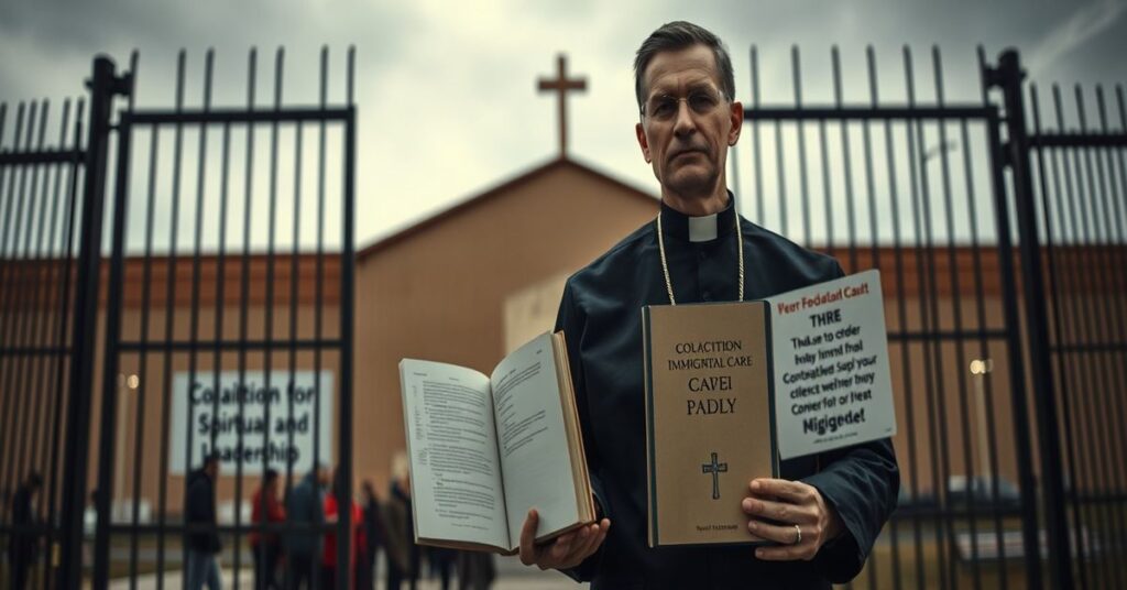Scena w ośrodku imigracyjnym Broadview w Illinois podczas Wielkiego Tygodnia w 2026 roku. Modernistyczny 'kapłan' stoi przy bramie z fałszywą książką 'opieki duszpasterskiej'.