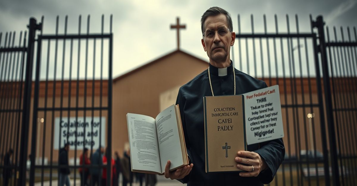 Fałszywa opieka duchowa w ośrodku imigracyjnym – Wielki Tydzień 2026 Scena w ośrodku imigracyjnym Broadview w Illinois podczas Wielkiego Tygodnia w 2026 roku. Modernistyczny 'kapłan' stoi przy bramie z fałszywą książką 'opieki duszpasterskiej'.