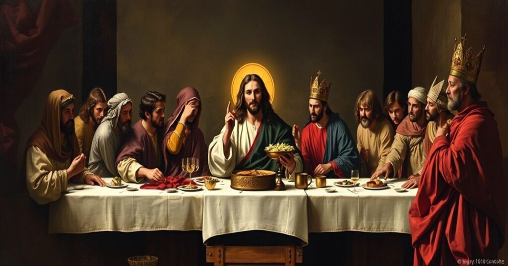 Tradycyjne katolickie przedstawienie Ostatniej Wieczerzy z akcentem na Ofierze Chrystusa i Jego Królewskim Panowaniu