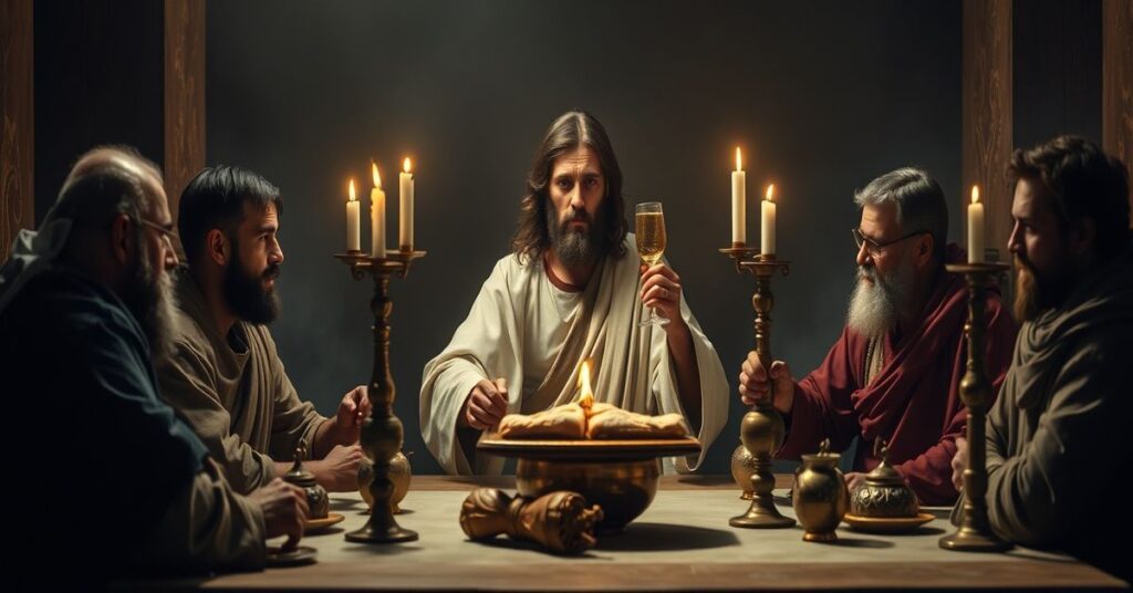 Czaszka Świętego Piotra i Judasz Iskariota siedzą przy stole podczas Ostatniej Wieczerzy z Jezusem Chrystusem, podkreślając sakralność instytucji Eucharystii.