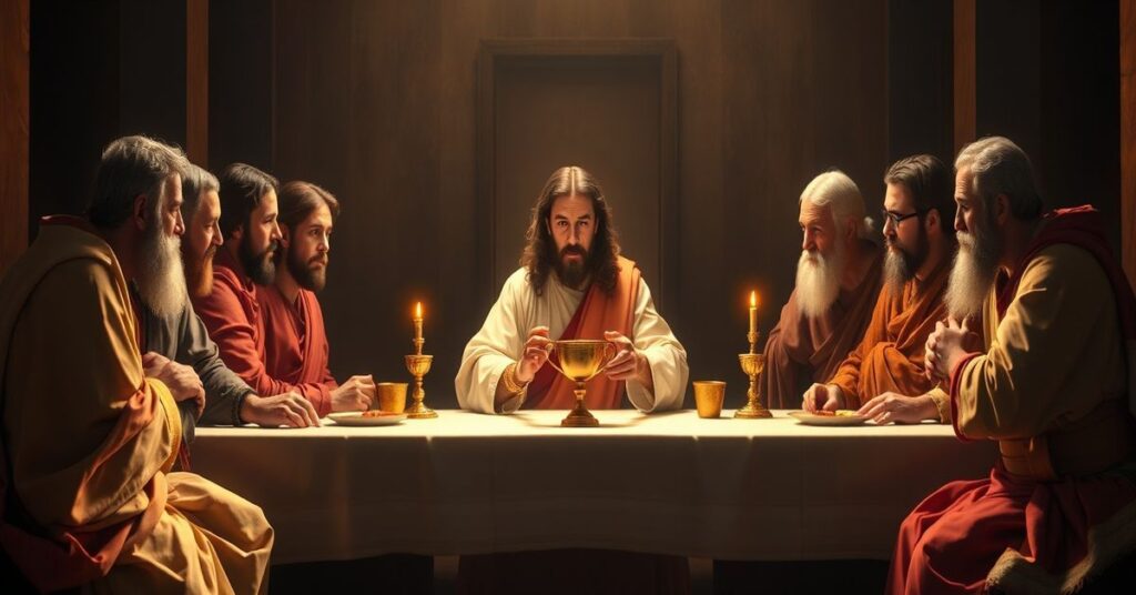Tradycyjne przedstawienie Ostatniej Wieczerzy z akcentem na sakrament Eucharystii, Chrystus w centrum otoczony apostołami, ciepłe oświetlenie podkreślające świętość chwili