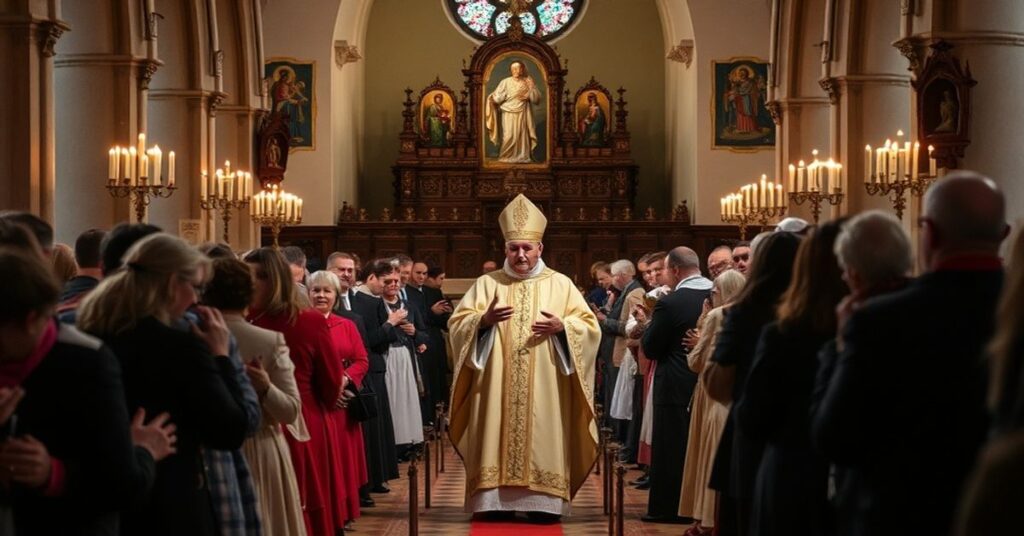 Pobożna procesja wiernych w tradycyjnym kościele katolickim podczas kolędowania z bp. Marianem Florczykiem w Kielcach.