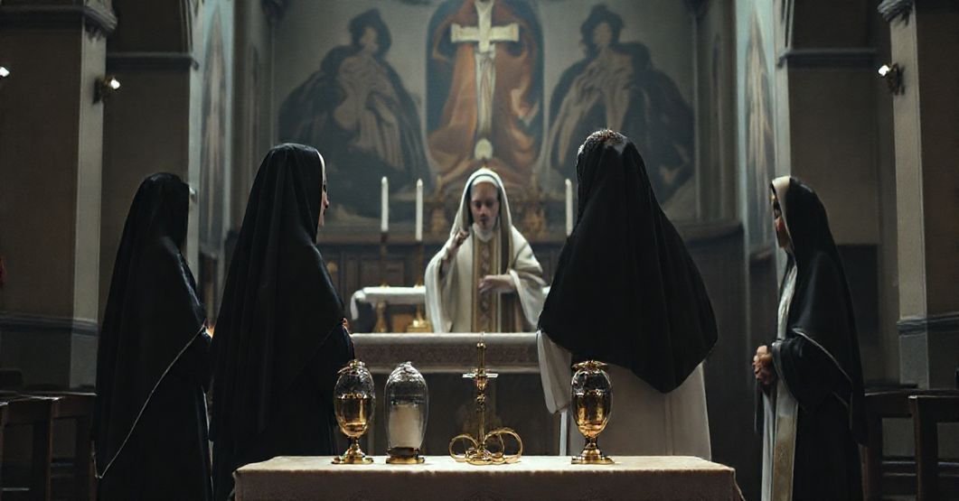 Trzy wdowy w tradycyjnych czarnych welonach otrzymują fałszywe błogosławieństwo od pozornego biskupa w modernistycznej liturgii w sanktuarium.