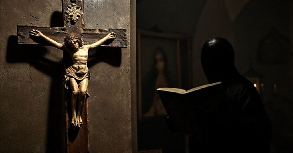 Stary krzyż z blaknącym obrazem Chrystusa w kontrastie z nowoczesnym portretem Heleny Kowalskiej w stroju ekumenicznym. W tle postać trzymająca książkę "Modernistyczne oszustwo" przy ciemnej kaplicy.