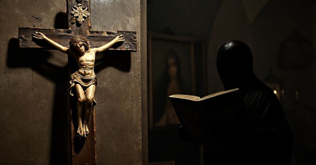 Stary krzyż z blaknącym obrazem Chrystusa w kontrastie z nowoczesnym portretem Heleny Kowalskiej w stroju ekumenicznym. W tle postać trzymająca książkę "Modernistyczne oszustwo" przy ciemnej kaplicy.