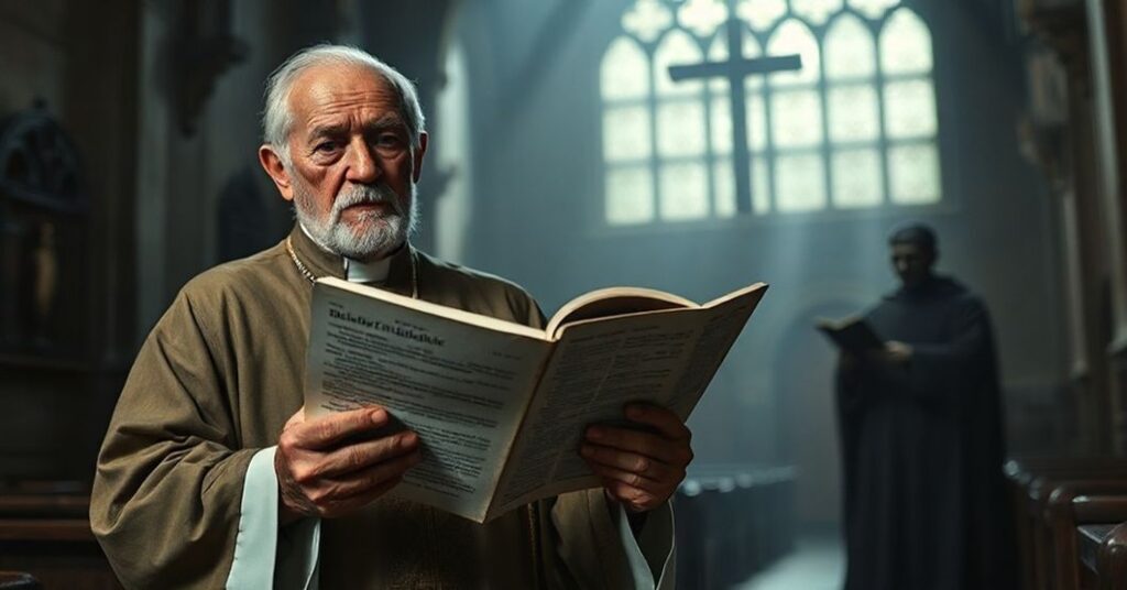 Stary katolicki ksiądz trzymający encyklikę Jana Pawła II w ciemnym kościele z cieniem heretyka i audiobookiem w tle