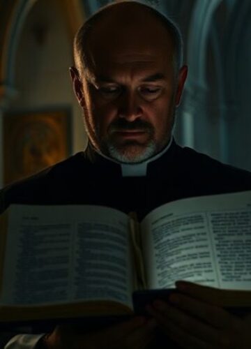 Ostrzeżenie przed nowoczesnymi herezjami w Kościele Tradycyjny ksiądz katolicki w kościele z Biblią i cyfrowym tabletem symbolizującym nowoczesne herezje