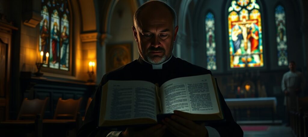 Tradycyjny ksiądz katolicki w kościele z Biblią i cyfrowym tabletem symbolizującym nowoczesne herezje