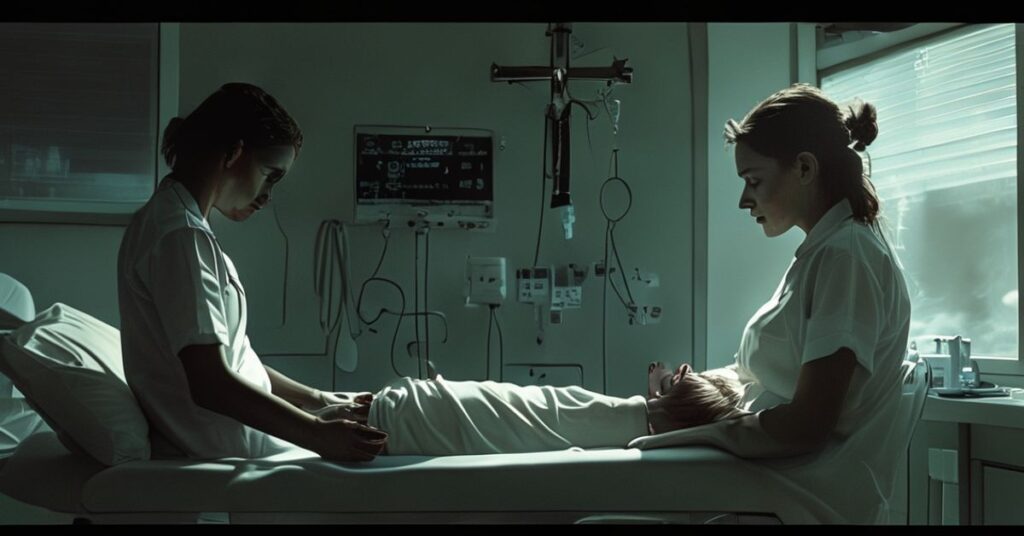 Melancholiczny widok szpitalnego pokoju, gdzie lekarz Gizela Jagielska przygotowuje się do wstrzyknięcia chlorku potasu ciężarnej kobiecie. Pokój jest sterylny, ale ponury, z krzyżem na ścianie symbolizującym opuszczenie katolickich zasad.