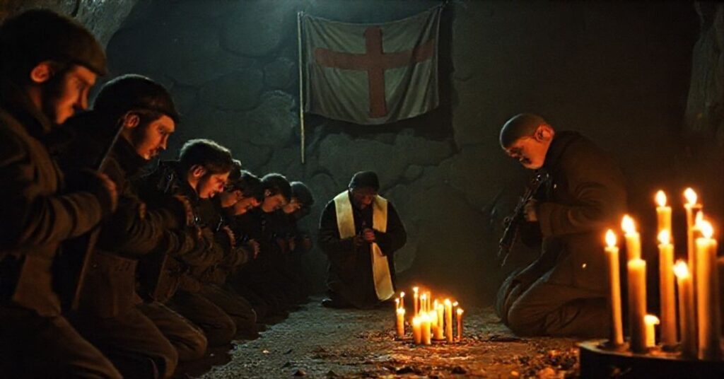 Zdjęcie przedstawiające pacyfikację kopalni Wujek w 1981 roku, z górnikami modlącymi się z księdzem Henrykiem Bolczykiem przed funkcjonariuszami ZOMO.