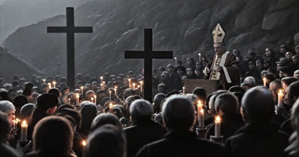 Wizerunek przedstawiający pogrzebowe uroczystości po pacyfikacji kopalni Wujek w 1981 roku z tragiczna atmosferą i tradycyjnymi katolikami modlącymi się za martwych górników.