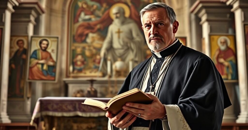 Mężczyzna w tradycyjnym stroju katolickim stojący przed ołtarzem kościoła w Rzymie, symbolizujący naukę o sprawiedliwej wojnie przeciwko pacyfistycznej herezji Parolina.