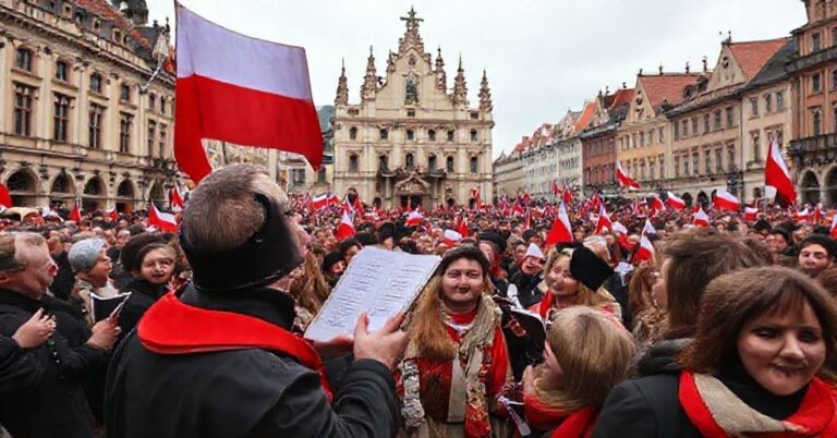 Grupa ludzi na krakowskim rynku śpiewająca patriotyczne piosenki bez odniesienia do chrześcijaństwa