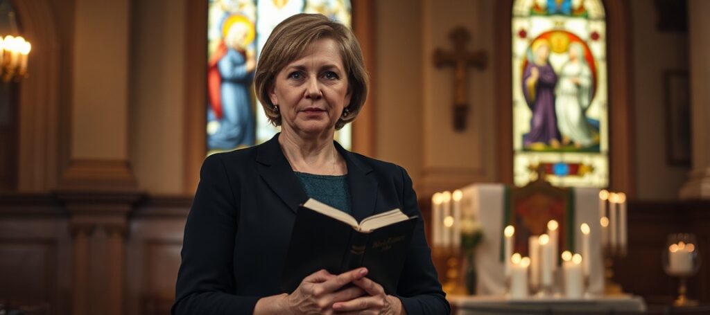Päivi Räsänen trzymająca Biblię w tradycyjnym kościele katolickim