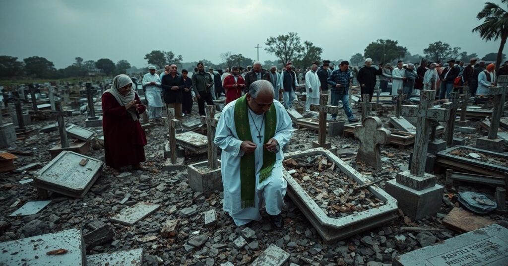 Zniszczony cmentarz chrześcijański w Lahore z rozbitymi nagrobkami i krzyżami. Wierni modlą się wśród ruin wraz z kapłanem w tradycyjnych szatach. Młodzi muzułmanie nękają chrześcijan, a prawnik z The Voice Society udziela pomocy prawej.