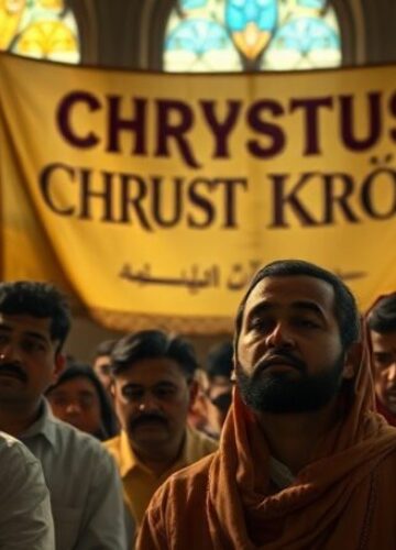 Pakistański apel o prawdziwą wolność religijną Grupa chrześcijan w Pakistanie modląca się w kaplicy katolickiej przed banerem z napisem 'Chrystus Król', symbolizujących ich dążenie do prawdziwej wolności religijnej.