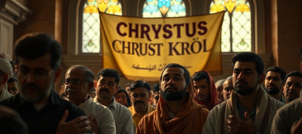 Grupa chrześcijan w Pakistanie modląca się w kaplicy katolickiej przed banerem z napisem 'Chrystus Król', symbolizujących ich dążenie do prawdziwej wolności religijnej.