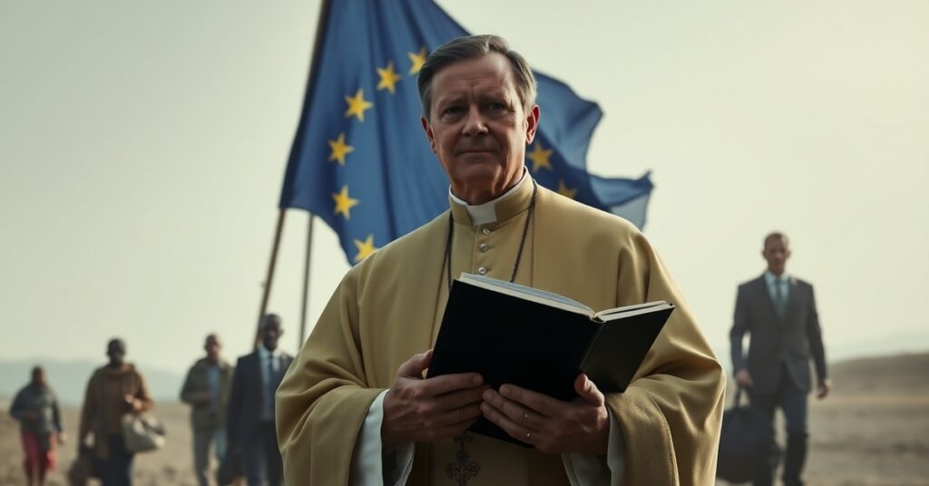 Ksiądz w tradycyjnych szatach kościelnych trzyma encyklikę Quas Primas przed flagą Unii Europejskiej z przekreślonym symbolem. W tle migranci kierują się ku granicom Europy.