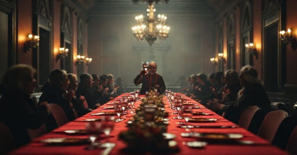 Ciemne wnętrze Palazzo Migliori podczas świątecznego obiadu 25 grudnia 2025 roku z "kardynałem" Krajewskim i Wspólnotą św. Idziego.