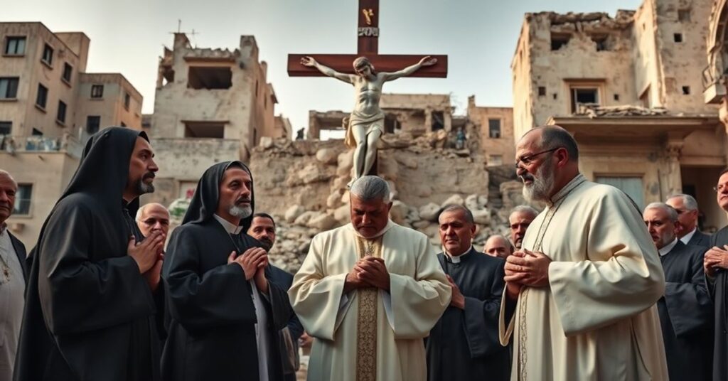 Palestyńscy chrześcijanie w modlitwie przed krzyżem na tle zniszczonych budynków, symbolizując ich apel o moralną odpowiedzialność Kościoła.